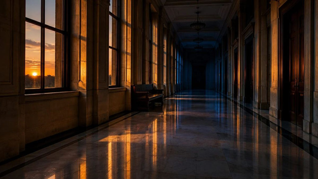 Long empty hallway with polished floors and tall windows at sunset