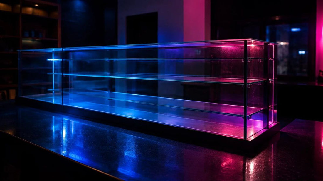 Empty glass display counter lit blue and pink in a dark shop