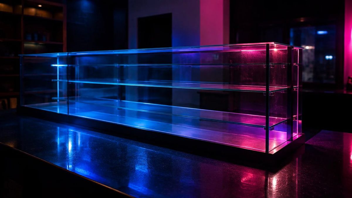 Empty glass display counter lit blue and pink in a dark shop