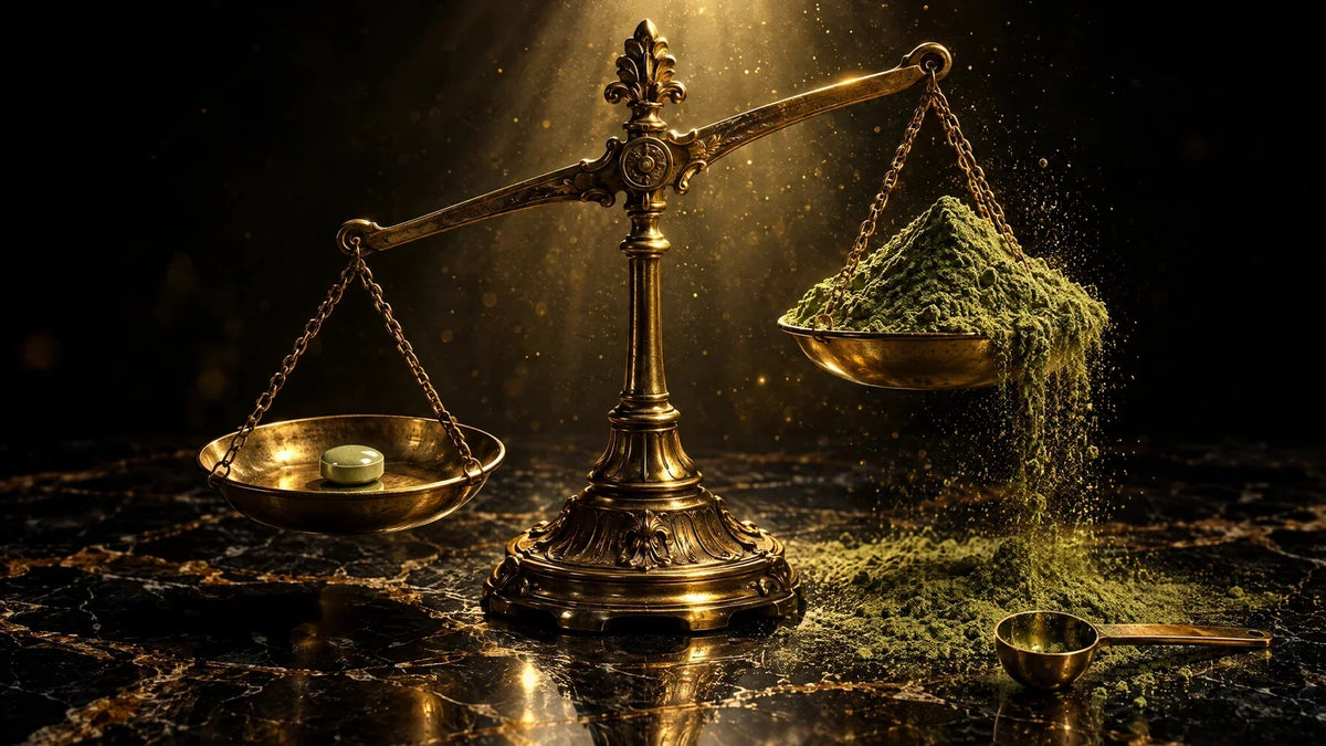 How much kratom is too much in a day: an antique brass balance on black marble, a single tablet on the low pan outweighing a mountain of green leaf powder spilling from the other, gold dust in the spotlight.