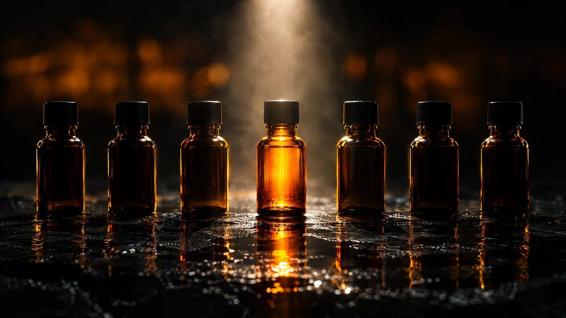 Row of small amber glass bottles lit by a single beam of light on a wet dark surface