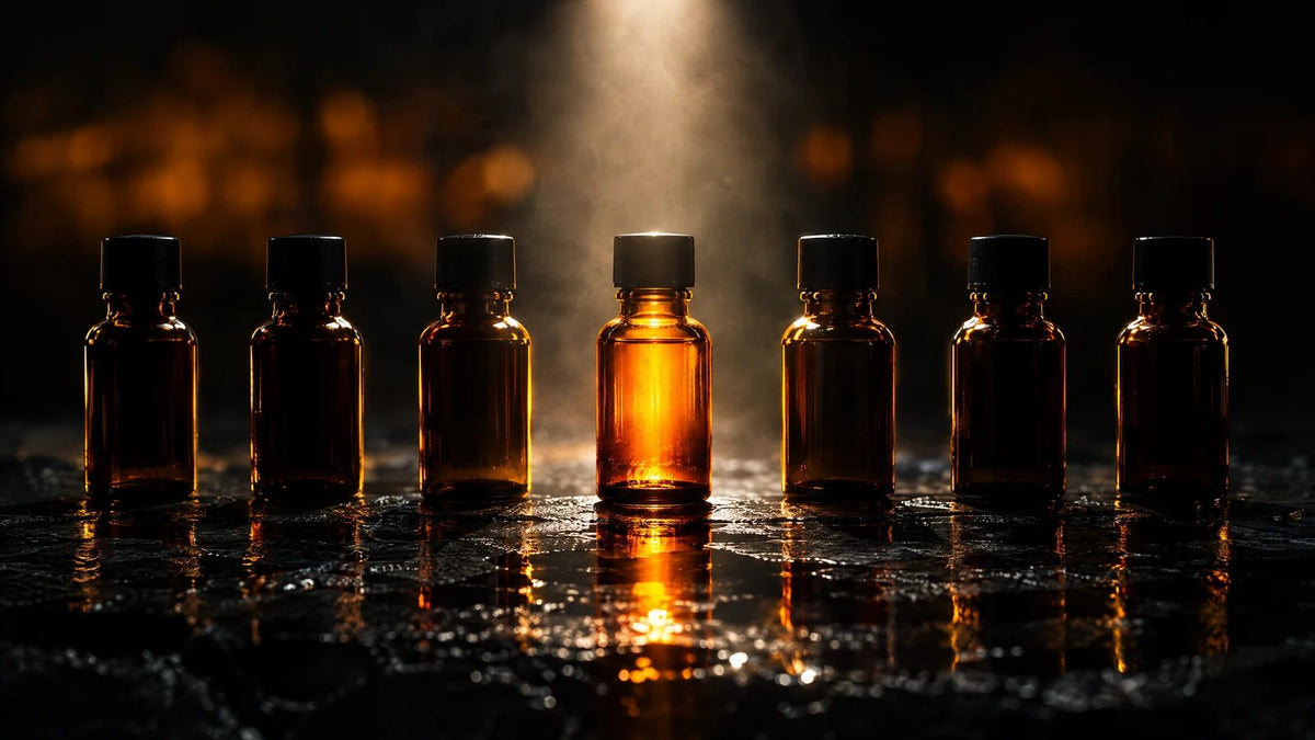 Row of small amber glass bottles lit by a single beam of light on a wet dark surface