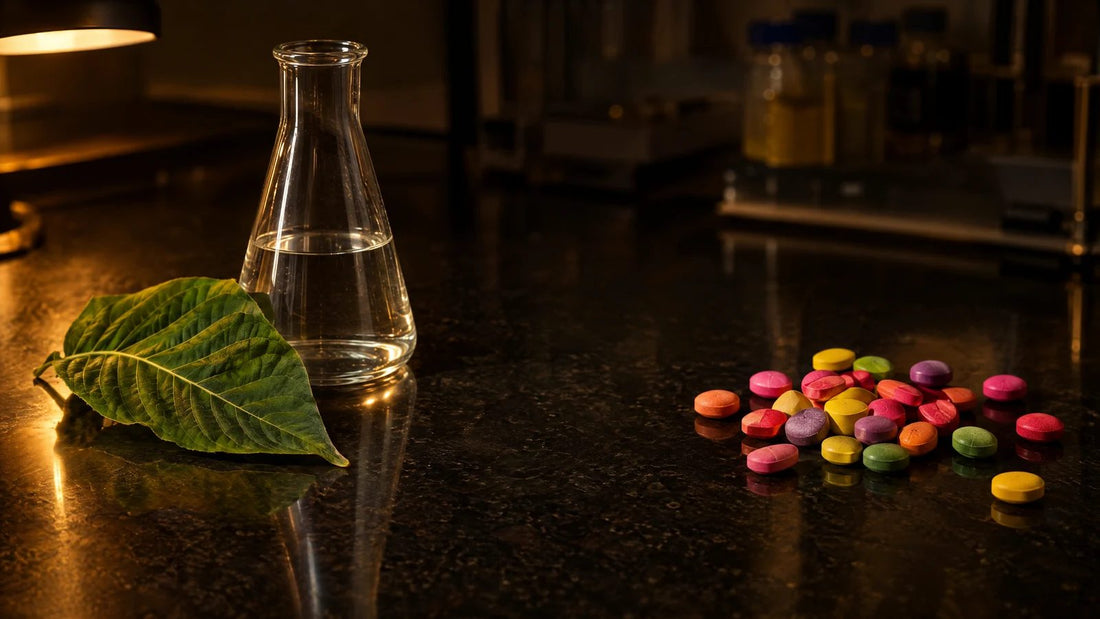 Kratom leaf beside a laboratory flask of clear liquid, with brightly colored tablets scattered across a dark lab bench