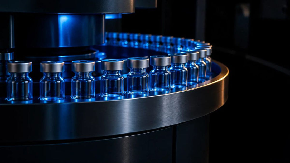 Rows of small glass sample vials in a laboratory analyzer under blue light