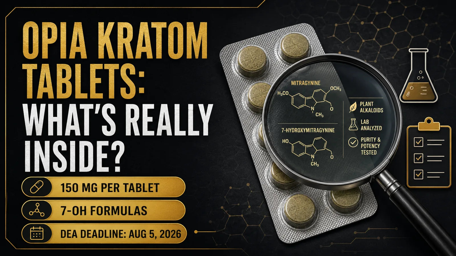 Opia kratom tablets under a magnifying glass revealing mitragynine and 7-OH structures, with 150 mg per tablet, 7-OH formulas, and DEA deadline Aug 5 2026 callouts