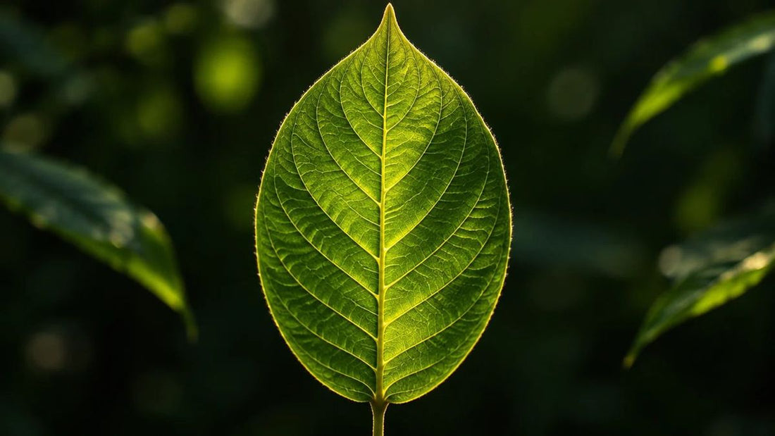 Single green leaf backlit against a dark forest background