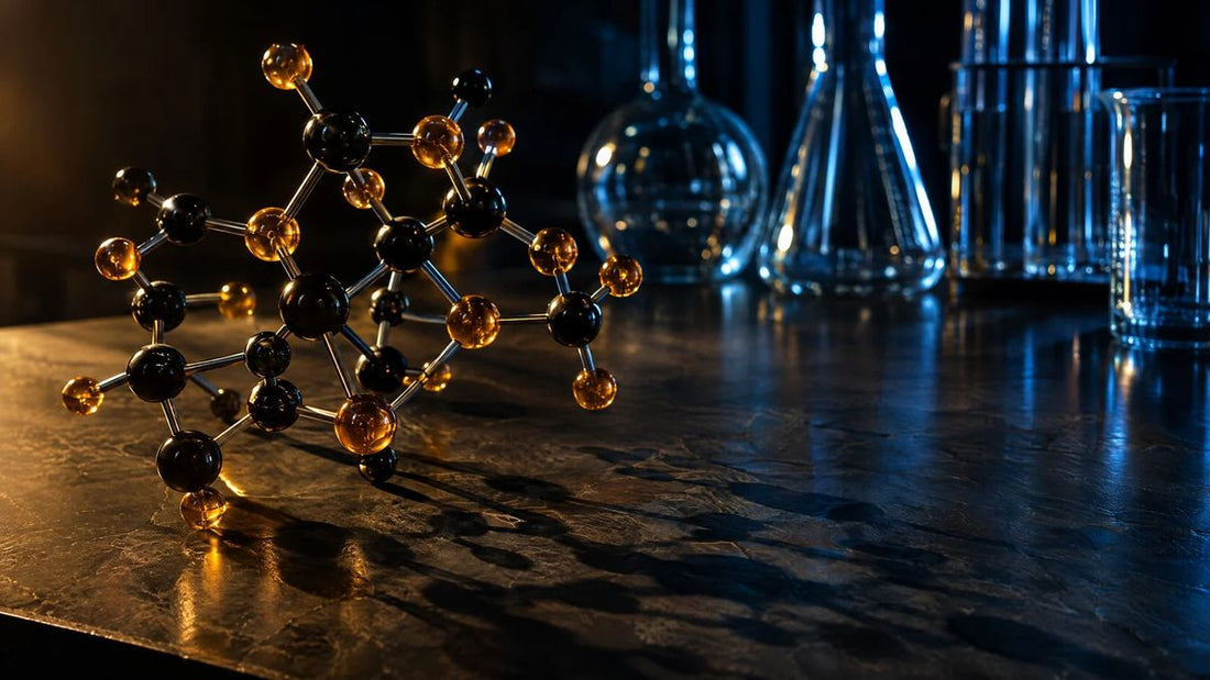 Ball-and-stick molecular model on a dark lab bench beside clear glassware