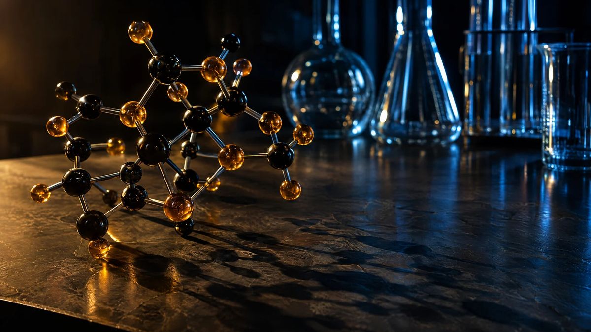 Ball-and-stick molecular model on a dark lab bench beside clear glassware