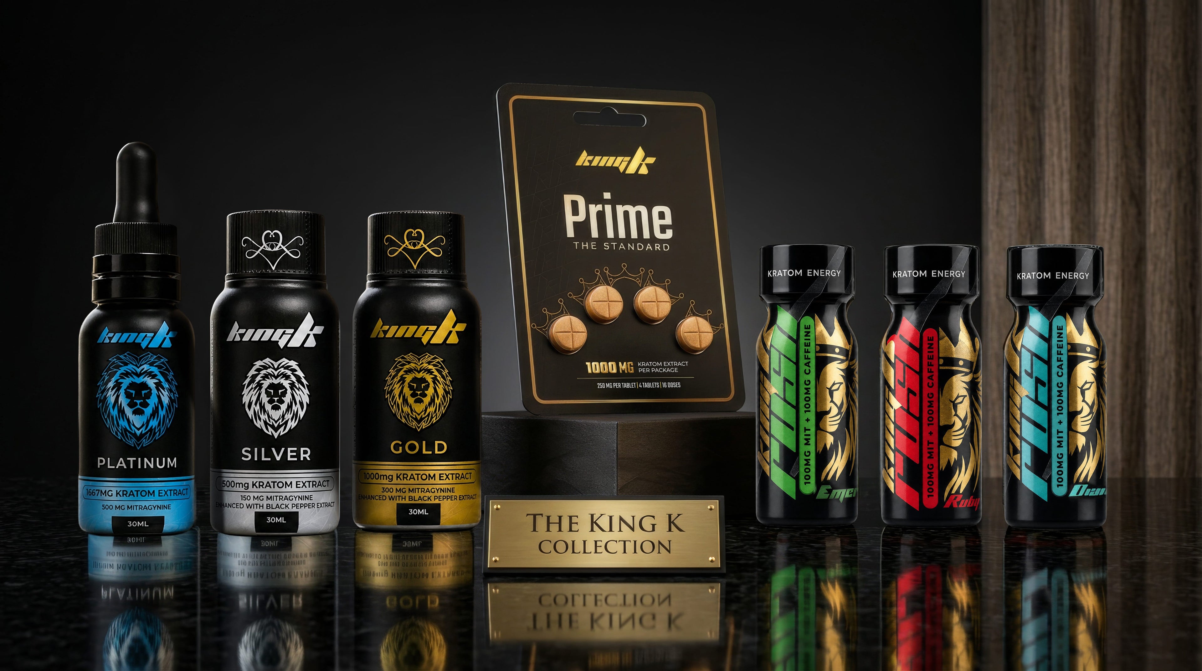 King K Kratom collection - premium kratom liquid extract shots, energy shots and extract tablets