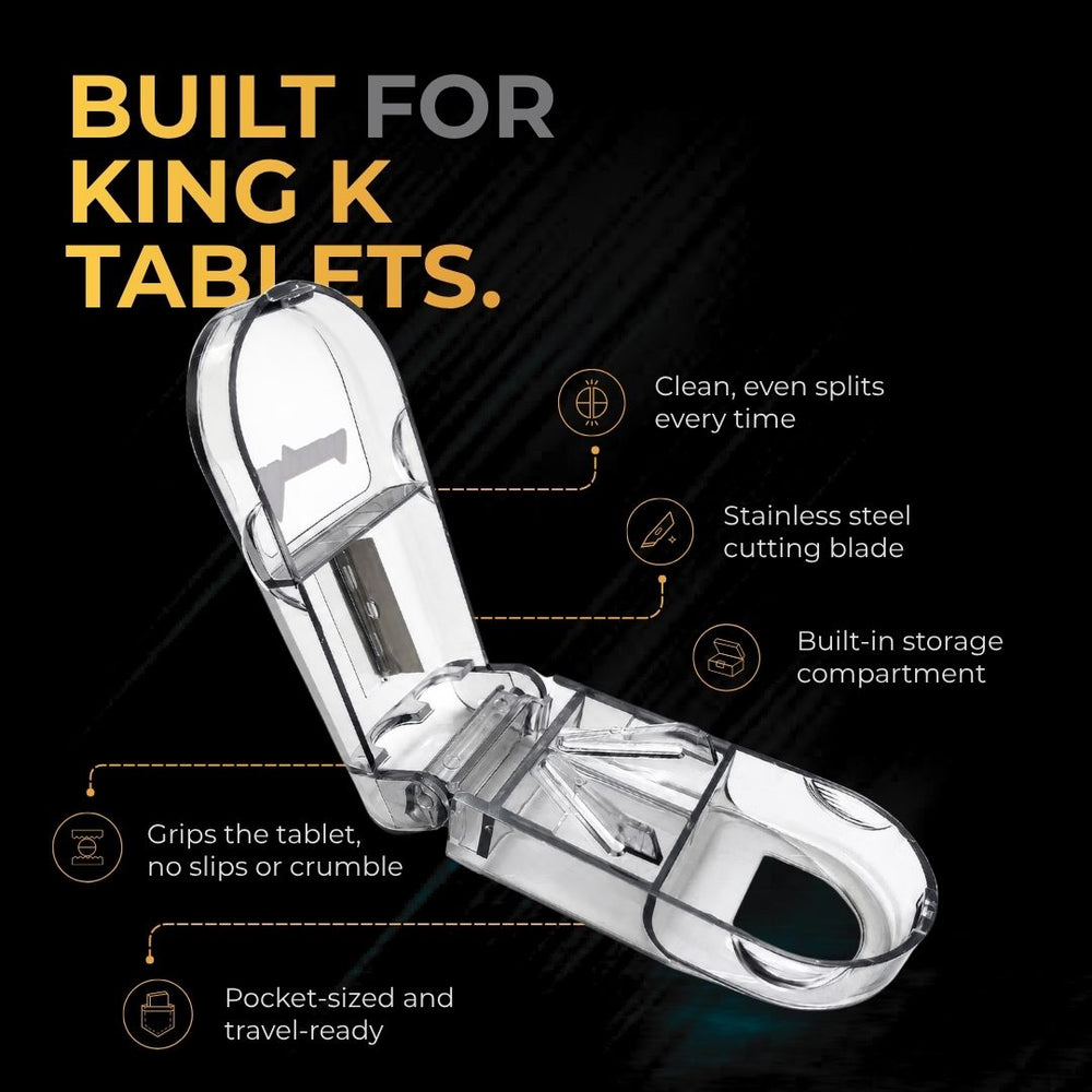King K Pill Cutter closed, compact pocket-sized pill cutter with built-in storage
