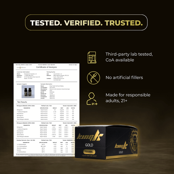 King K Gold liquid kratom extract shot lab-tested quality badges