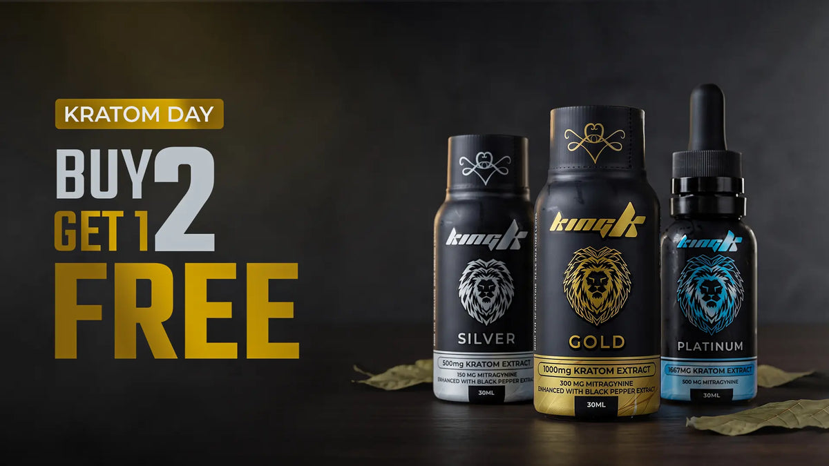 Three kratom dropper bottles labeled Knight Silver, Gold, and Platinum are displayed on a dark surface with a promotional banner reading 'KRATOM DAY BUY 2 GET 1 FREE'.