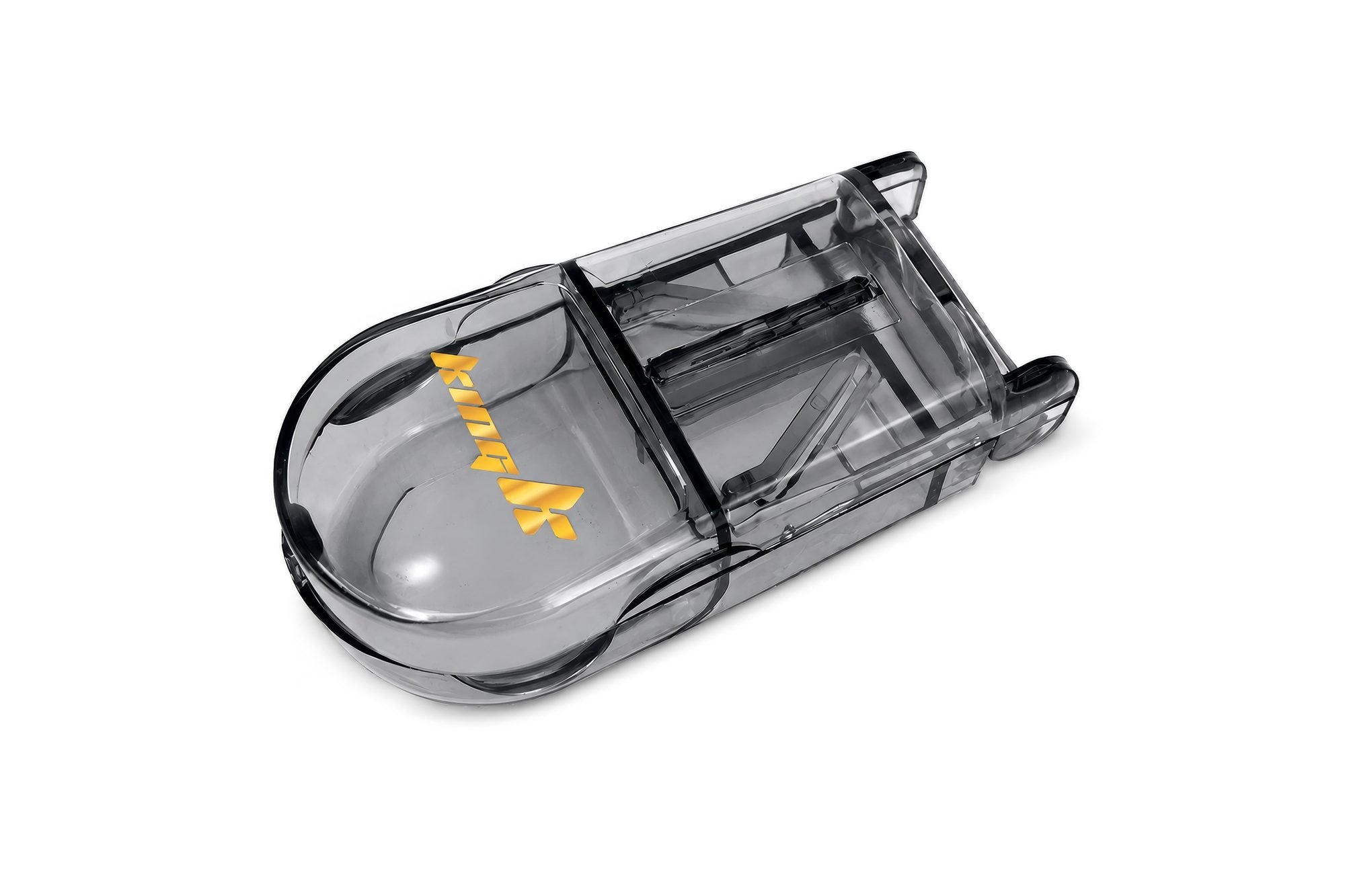 King K Pill Cutter in smoke translucent finish with gold King K logo, top view