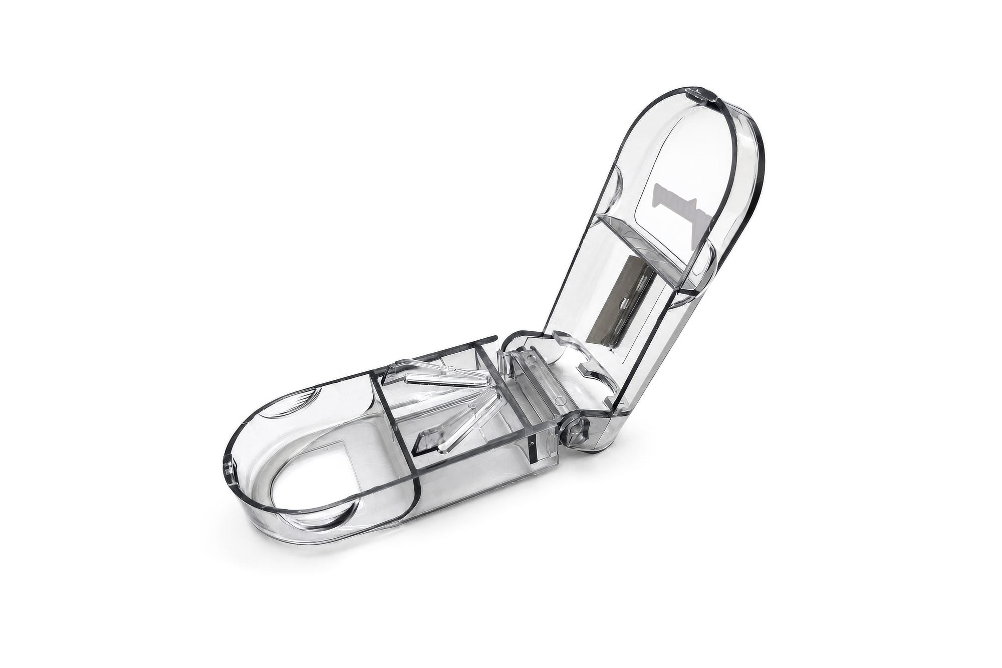 King K Pill Cutter open, showing stainless steel blade and V-shaped tablet holder